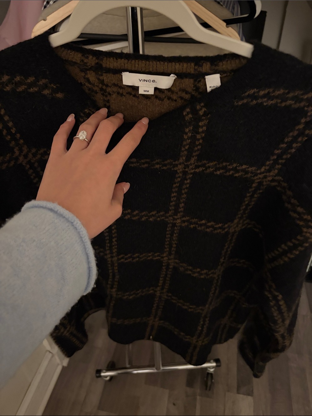 Vince Black and Brown Plaid Crew Neck Sweater